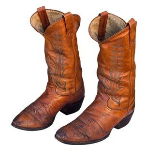 Tony Lama Western Cowboy Boots Distressed Caramel Tan Leather Mens 10 D USA Vtg